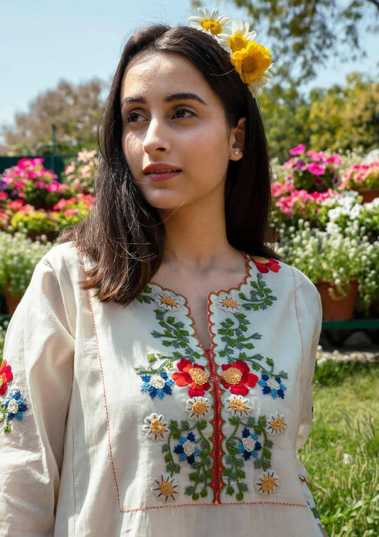 Elegant Off-White Embroidered Cotton Kurta & Pant Set for Women