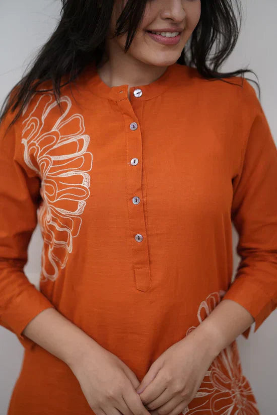 Vibrant Orange Pure Cotton Embroidered Kurta Pant Set for Women