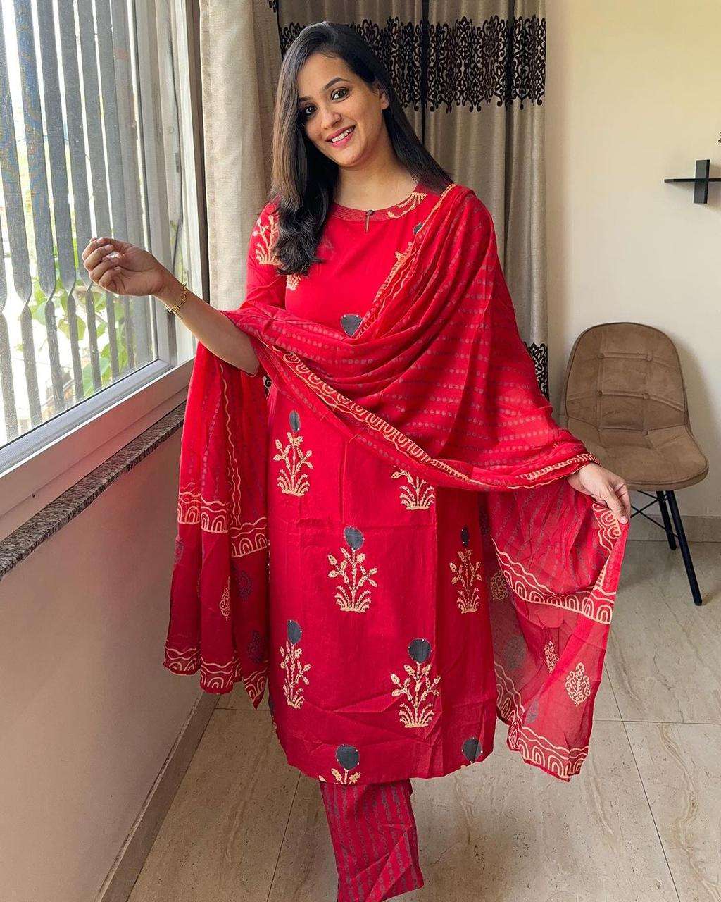 Elegant Pure Cotton Kurti Set with Matching Pants & Dupatta for Women