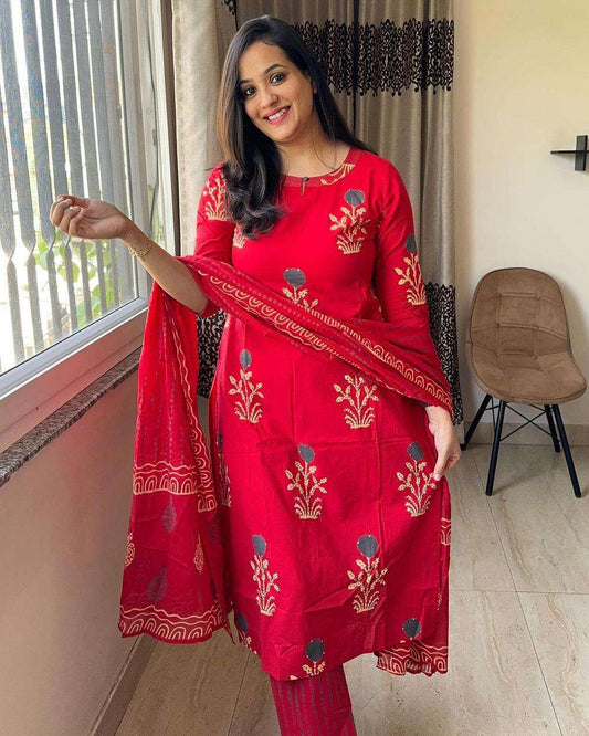 Elegant Pure Cotton Kurti Set with Matching Pants & Dupatta for Women