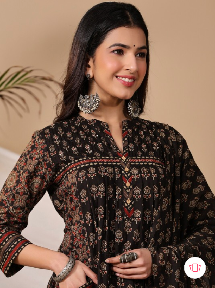Comfortable Black Pure Cotton Printed Kurta Set with Trousers & Dupatta