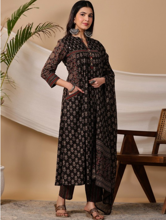 Comfortable Black Pure Cotton Printed Kurta Set with Trousers & Dupatta