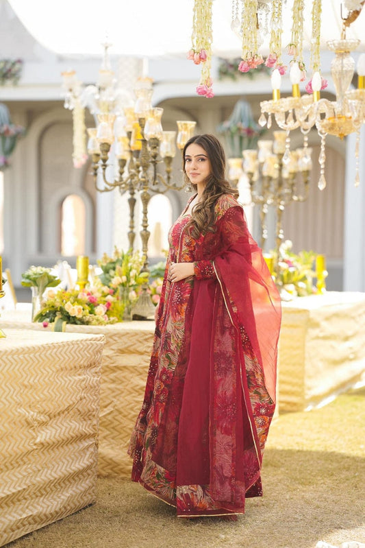 Elegant Maroon Floral Cotton Kurta Pant Dupatta Set for Women