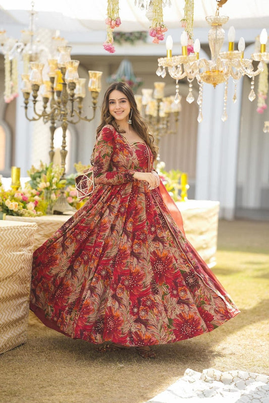 Elegant Maroon Floral Cotton Kurta Pant Dupatta Set for Women