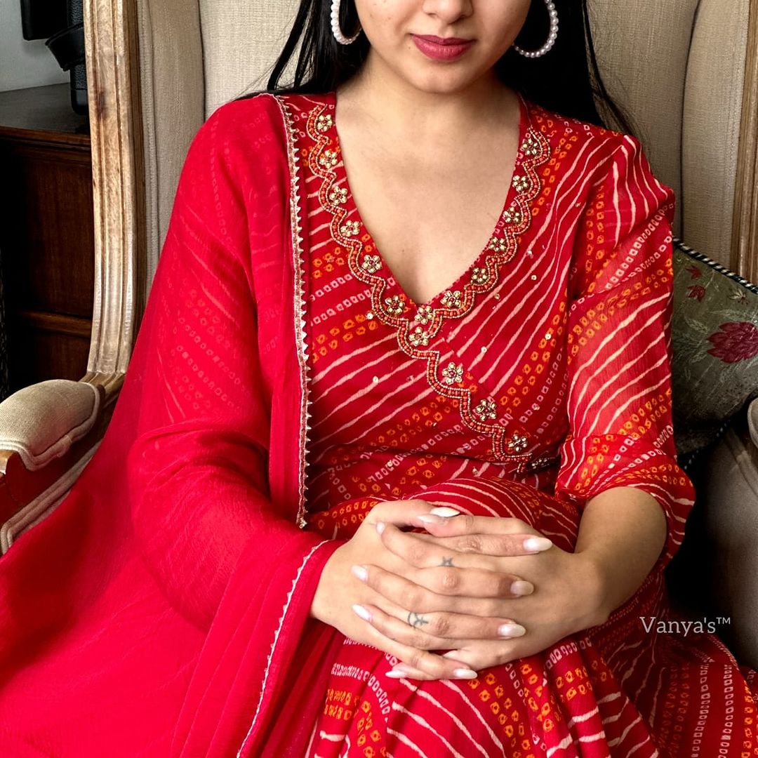 Stunning Red Anarkali Kurta Set for Women: Angrakha Style Pure Cotton Design