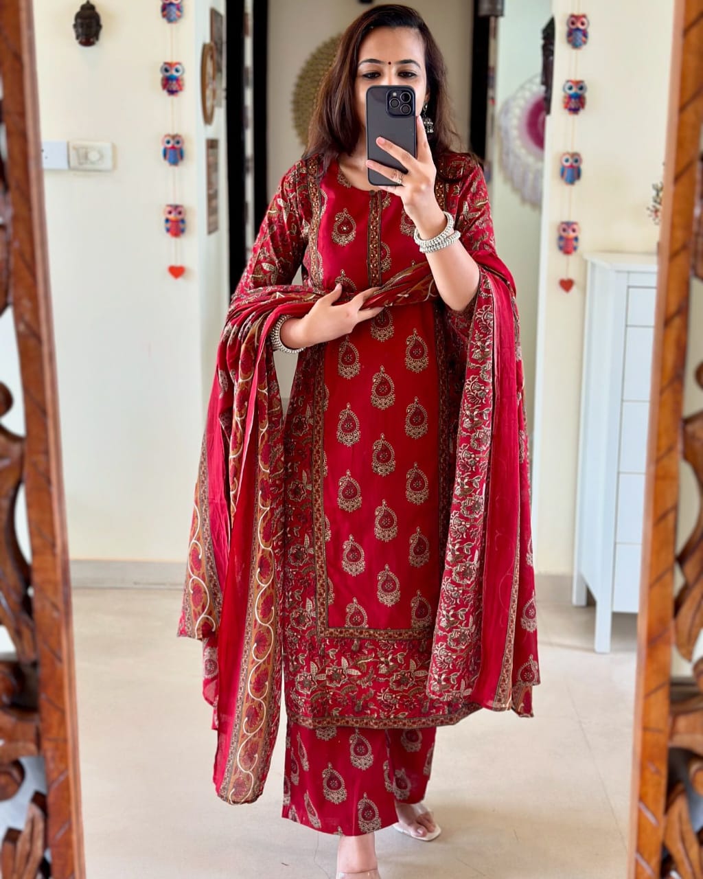 Elegant Maroon Pure Cotton Women's Kurta Pant Dupatta Set - Comfortable, Stylish, Versatile