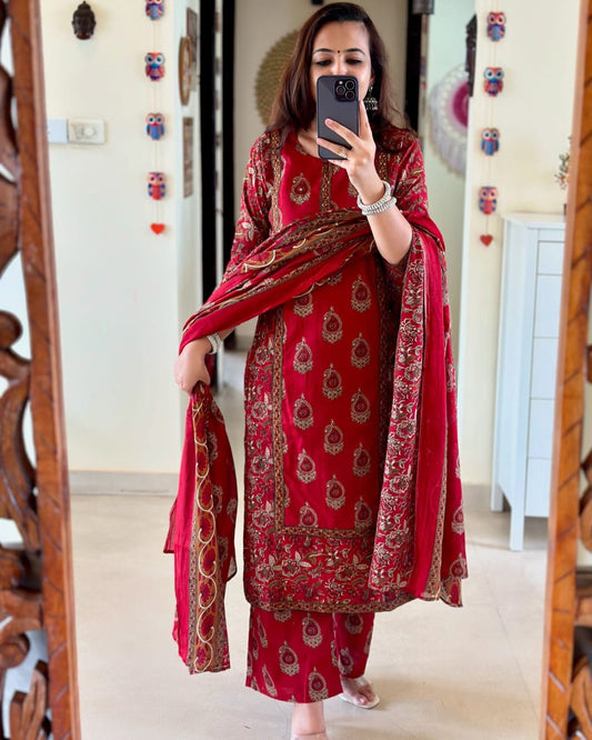 Elegant Maroon Pure Cotton Women's Kurta Pant Dupatta Set - Comfortable, Stylish, Versatile