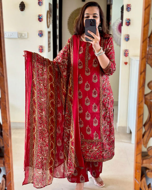 Elegant Maroon Pure Cotton Women's Kurta Pant Dupatta Set - Comfortable, Stylish, Versatile