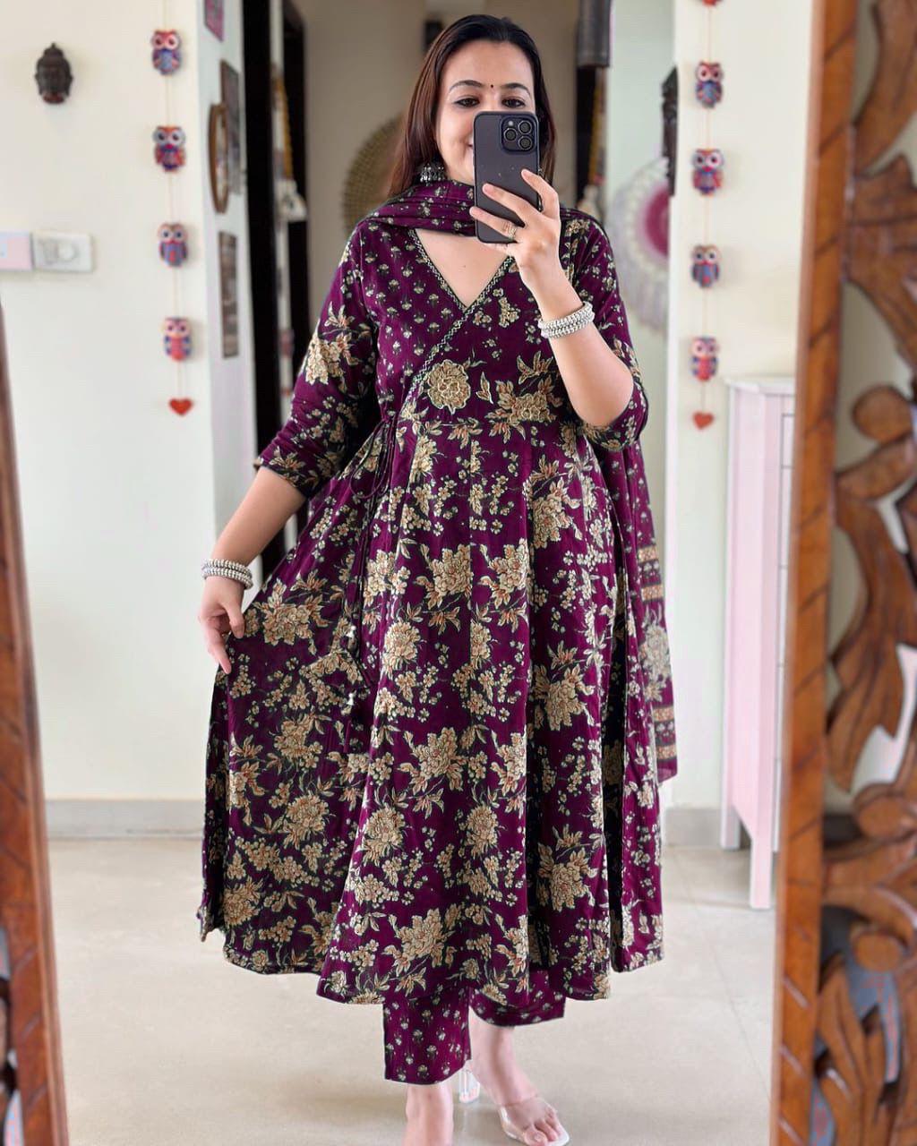 Elegant Purple Angrakha Anarkali Kurta Set for Women - Pure Cotton