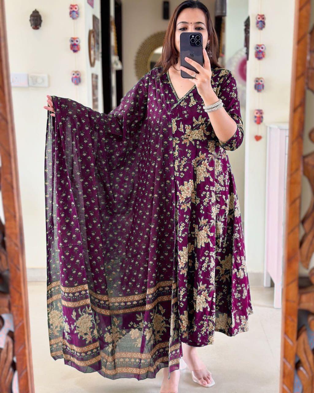 Elegant Purple Angrakha Anarkali Kurta Set for Women - Pure Cotton