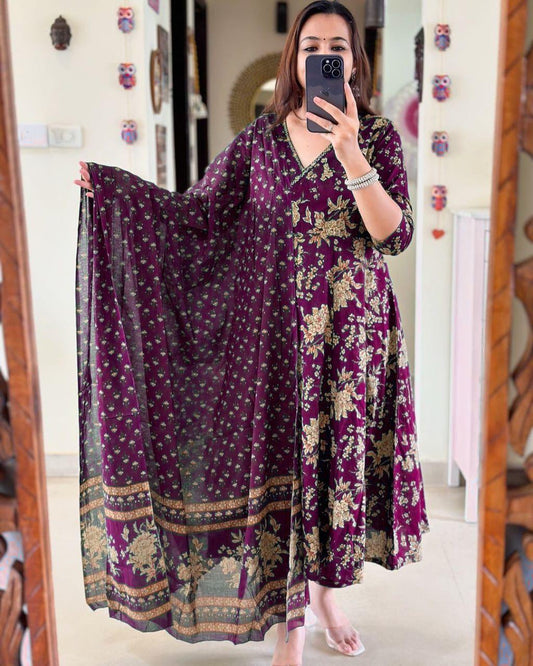 Elegant Purple Angrakha Anarkali Kurta Set for Women - Pure Cotton