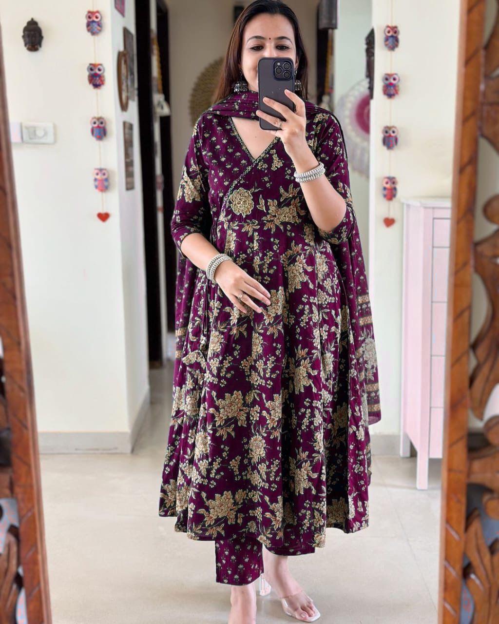 Elegant Purple Angrakha Anarkali Kurta Set for Women - Pure Cotton