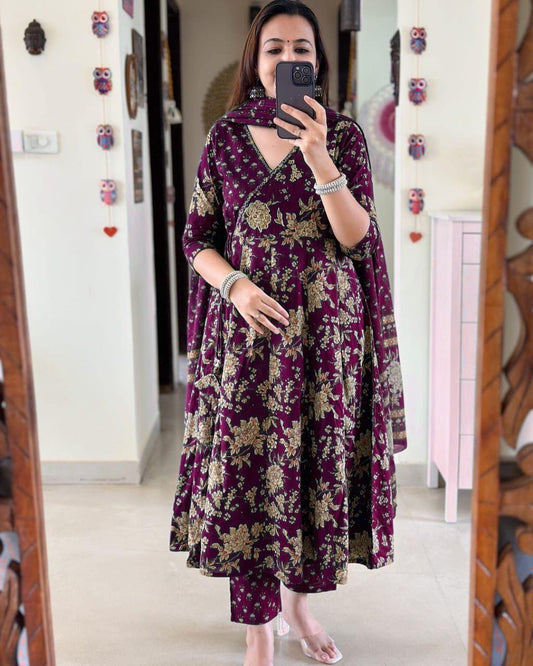 Elegant Purple Angrakha Anarkali Kurta Set for Women - Pure Cotton