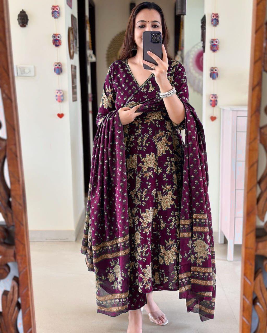 Elegant Purple Angrakha Anarkali Kurta Set for Women - Pure Cotton