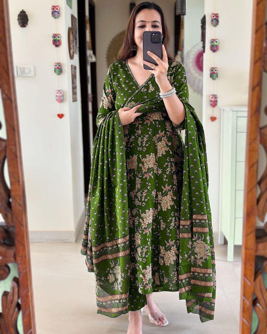 Stunning Angrakha Anarkali Kurta Set for Women - Dark Green Cotton Ensemble
