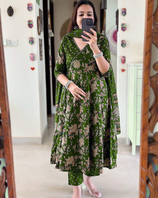 Stunning Angrakha Anarkali Kurta Set for Women - Dark Green Cotton Ensemble