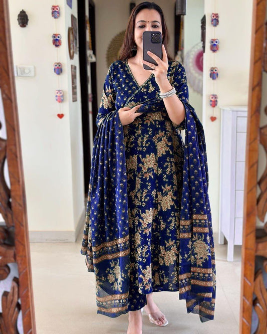 Charming Blue Pure Cotton Anarkali Angrakha Style Kurta Set for Elegant Women