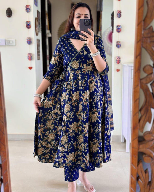 Charming Blue Pure Cotton Anarkali Angrakha Style Kurta Set for Elegant Women