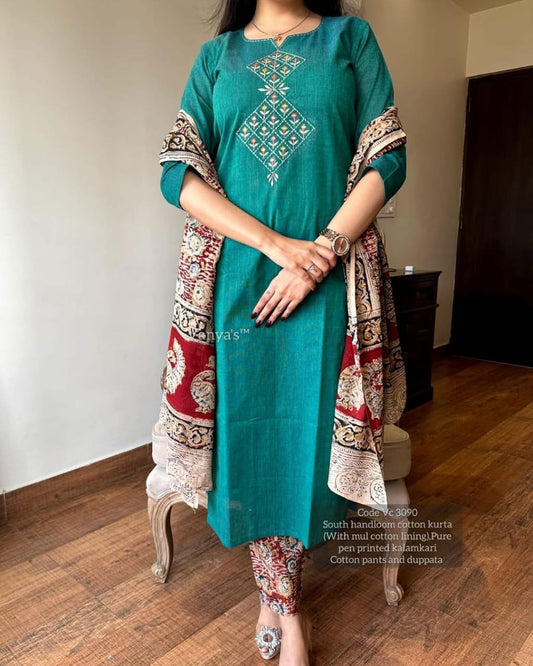 Pure Handloom South Cotton Chitrkari Hand-Printed Dupatta Pant Set for Women