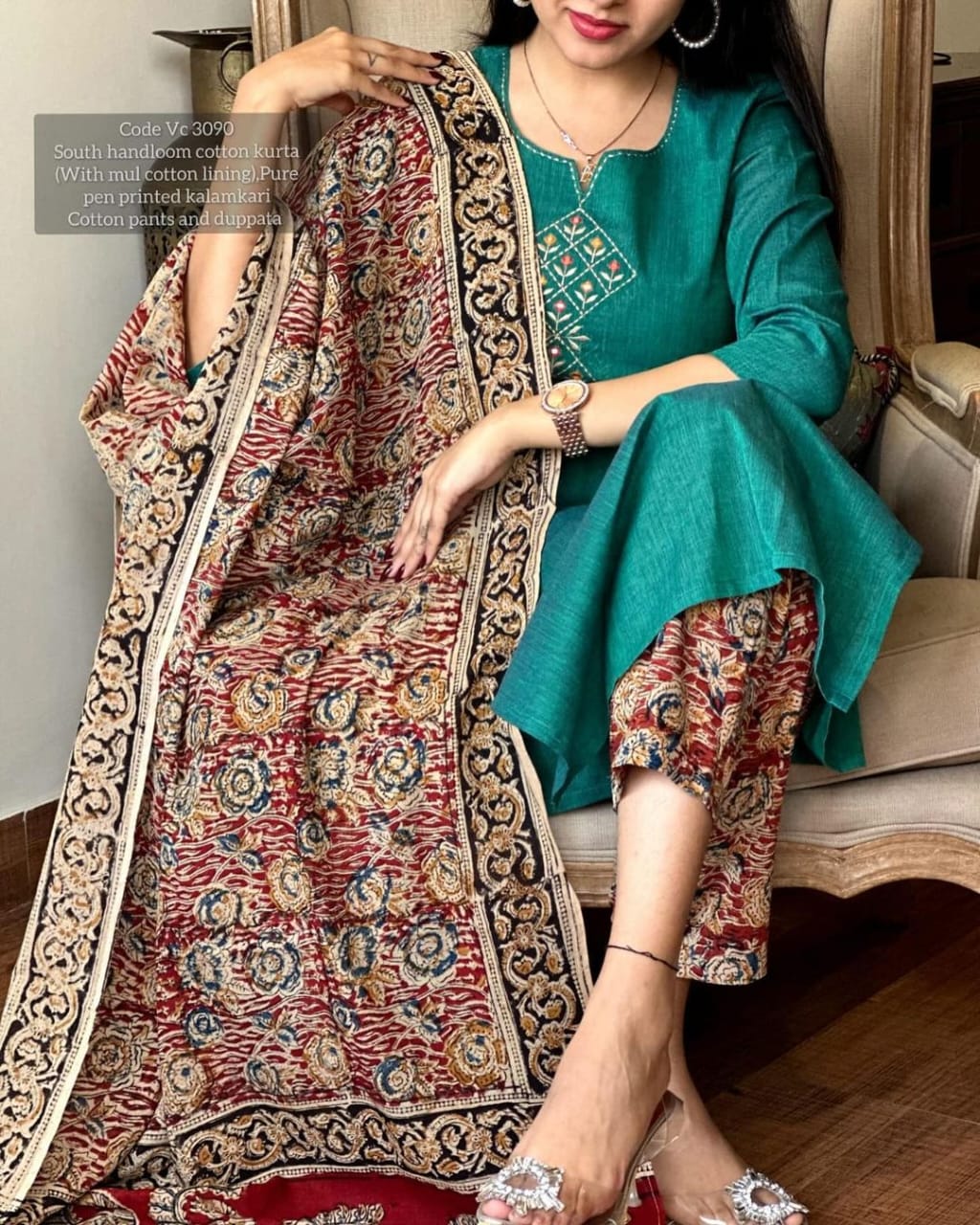 Pure Handloom South Cotton Chitrkari Hand-Printed Dupatta Pant Set for Women