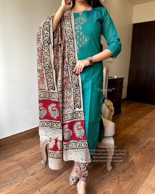 Pure Handloom South Cotton Chitrkari Hand-Printed Dupatta Pant Set for Women