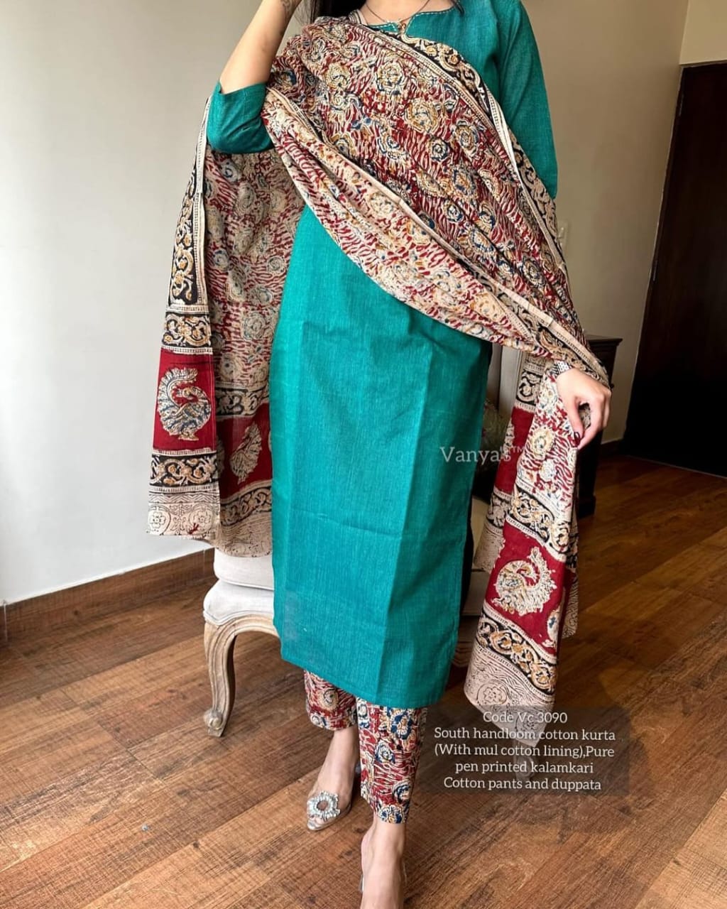Pure Handloom South Cotton Chitrkari Hand-Printed Dupatta Pant Set for Women