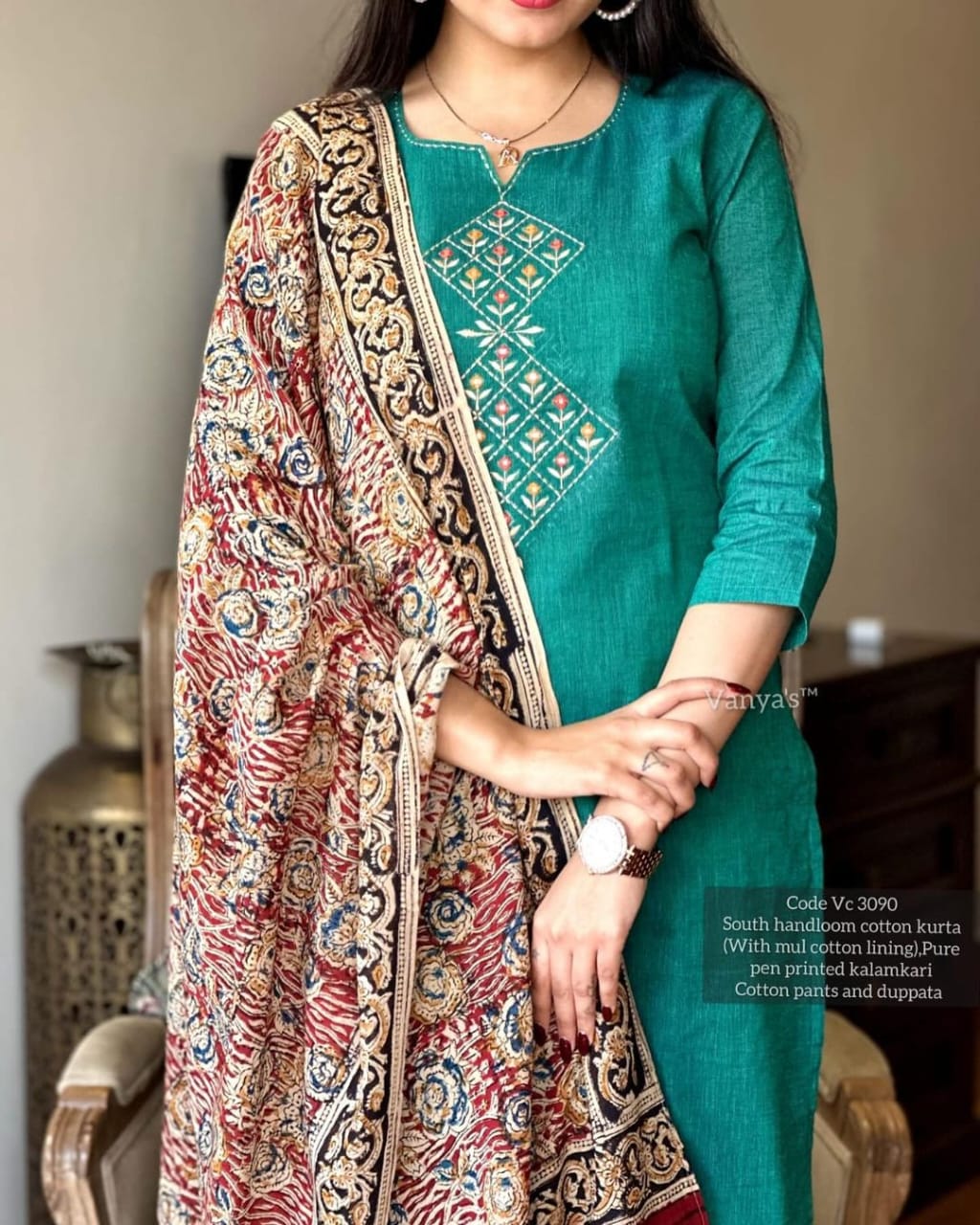 Pure Handloom South Cotton Chitrkari Hand-Printed Dupatta Pant Set for Women