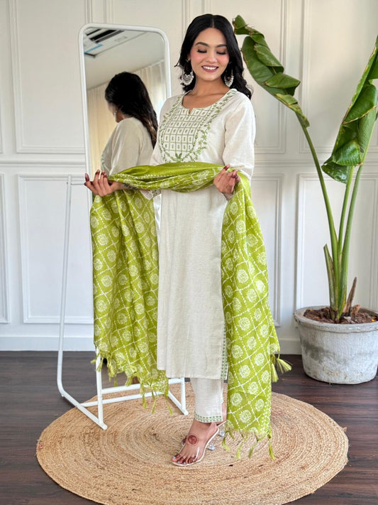 Luxurious Khadi Cotton Embroidered Kurta, Pant & Silk Dupatta Ensemble for Women