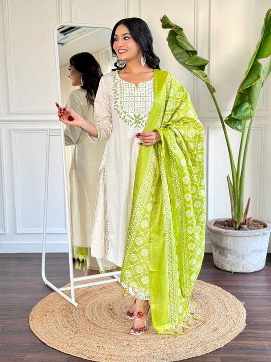Luxurious Khadi Cotton Embroidered Kurta, Pant & Silk Dupatta Ensemble for Women