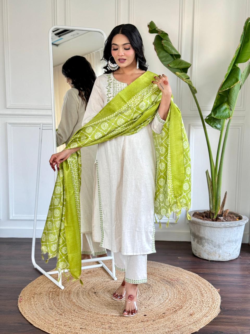 Luxurious Khadi Cotton Embroidered Kurta, Pant & Silk Dupatta Ensemble for Women