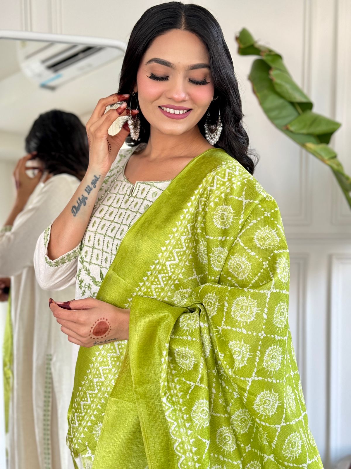 Luxurious Khadi Cotton Embroidered Kurta, Pant & Silk Dupatta Ensemble for Women