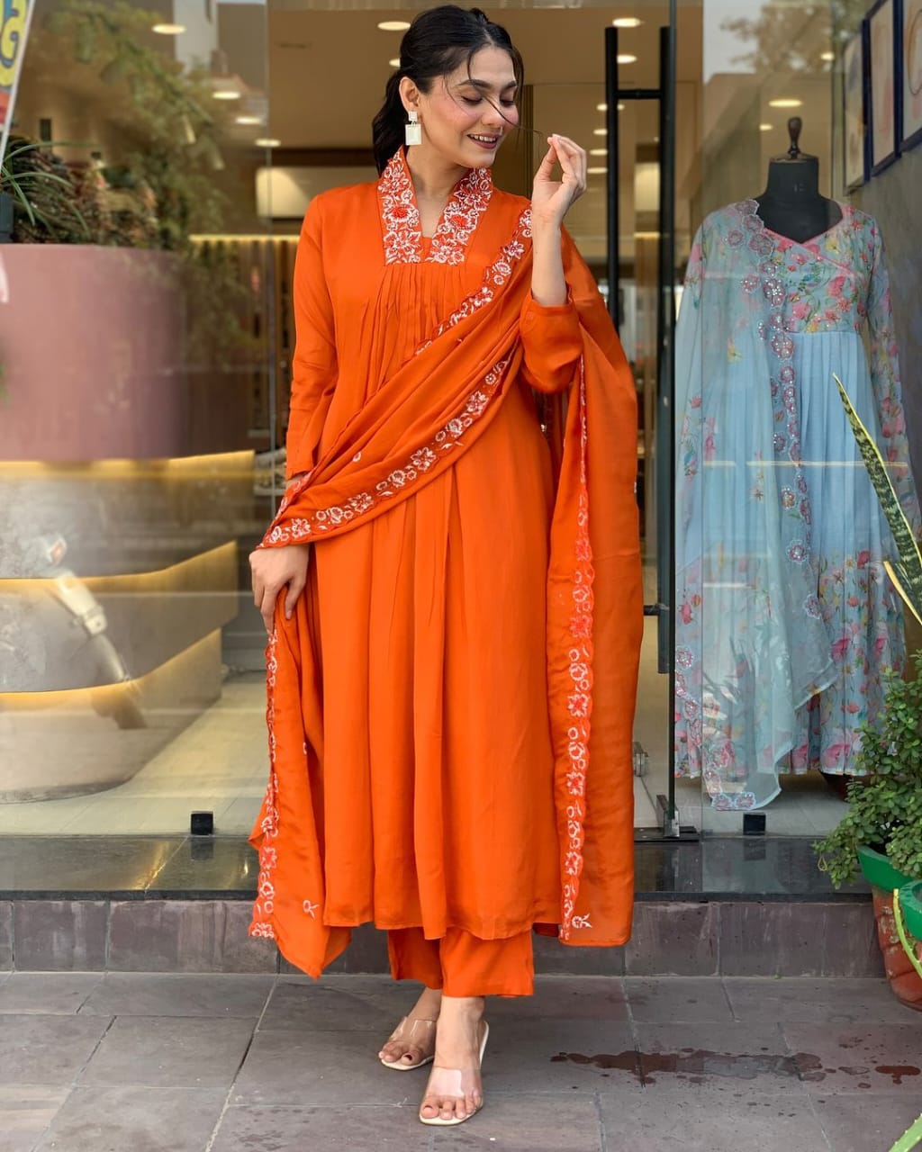 Elegant Orange Cotton Kurti Pant Set with Malmal Dupatta for Women