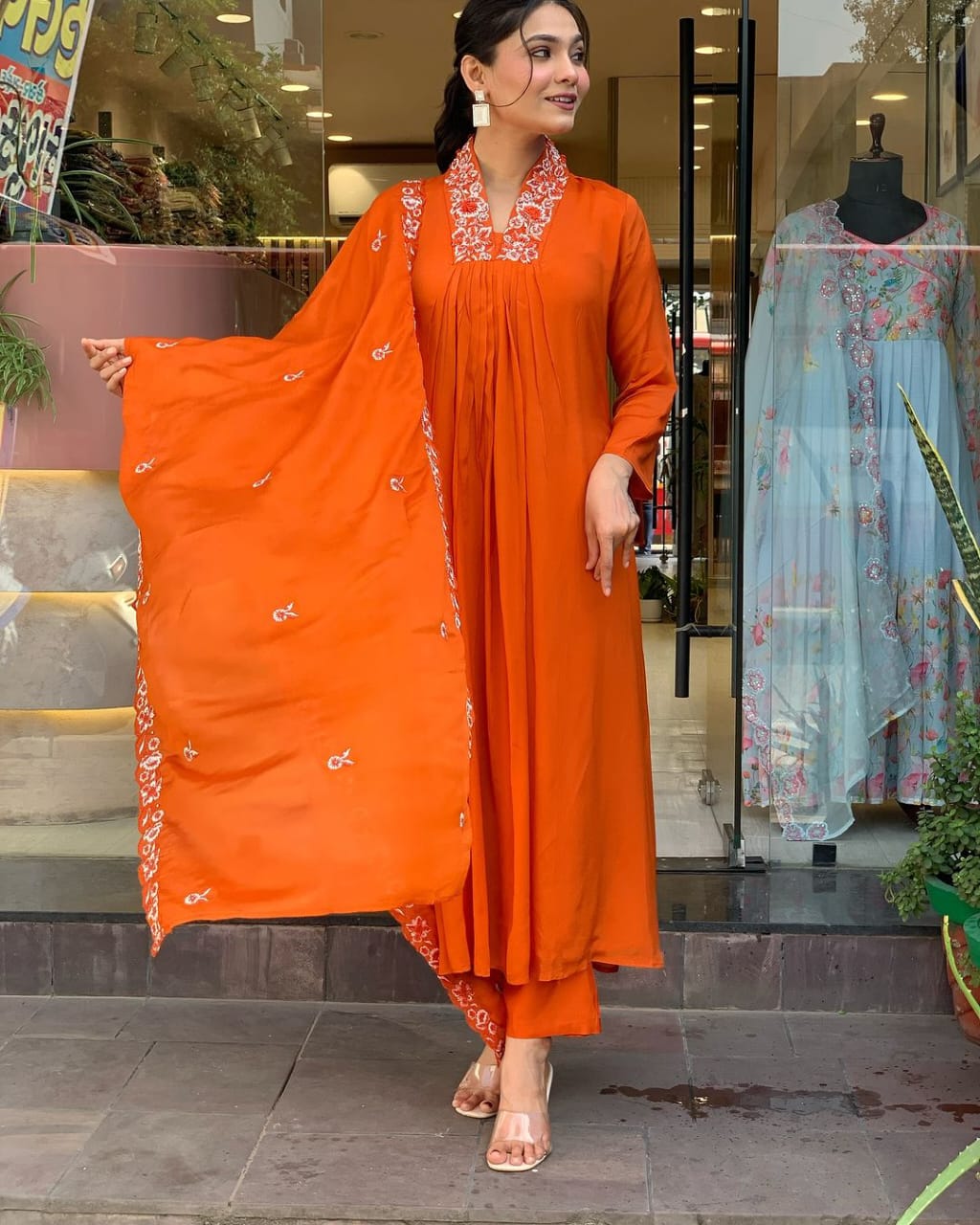 Elegant Orange Cotton Kurti Pant Set with Malmal Dupatta for Women