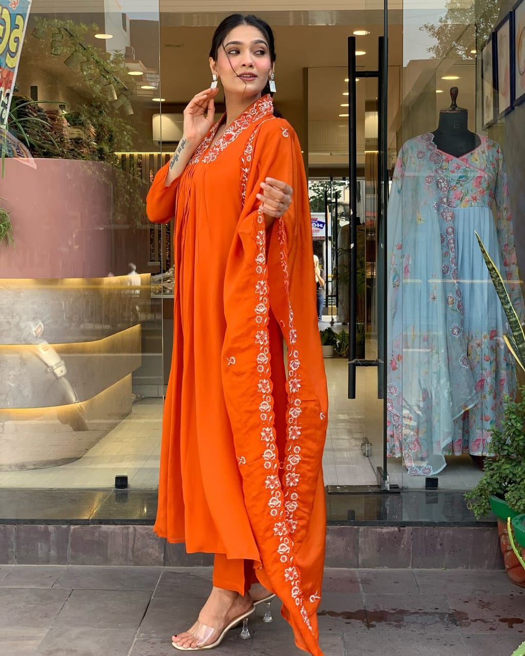 Vibrant Orange Pure Cotton Kurti Pant Set with Malmal Dupatta