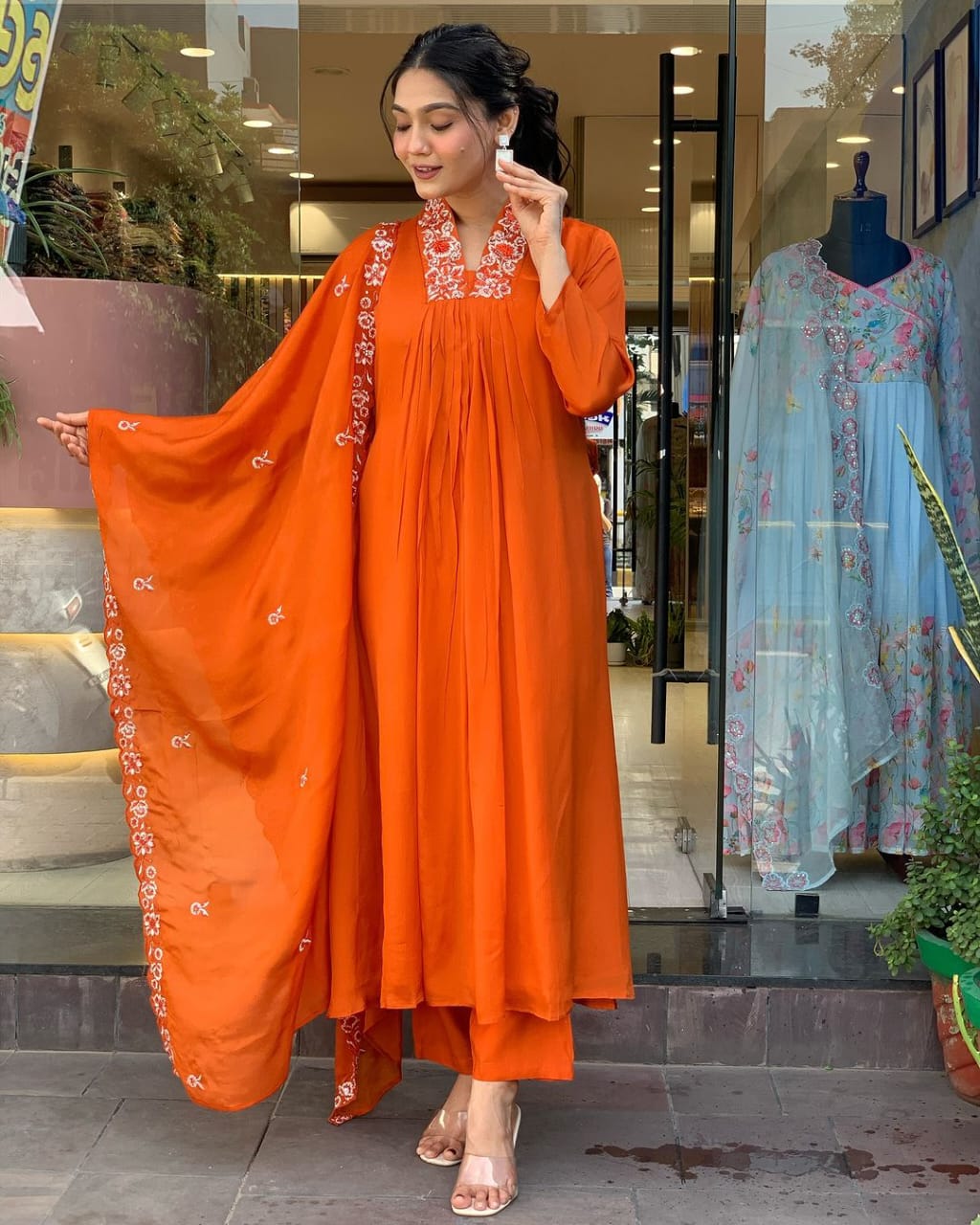 Elegant Orange Cotton Kurti Pant Set with Malmal Dupatta for Women