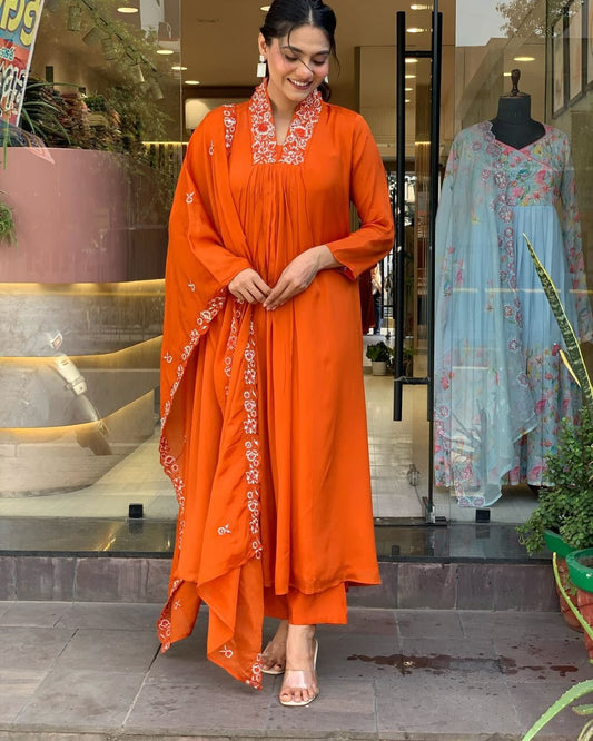 Vibrant Orange Pure Cotton Kurti Pant Set with Malmal Dupatta