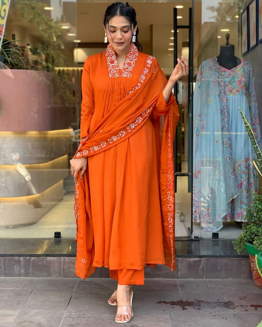Vibrant Orange Pure Cotton Kurti Pant Set with Malmal Dupatta