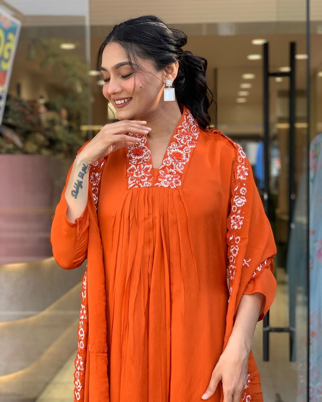 Elegant Orange Cotton Kurti Pant Set with Malmal Dupatta for Women