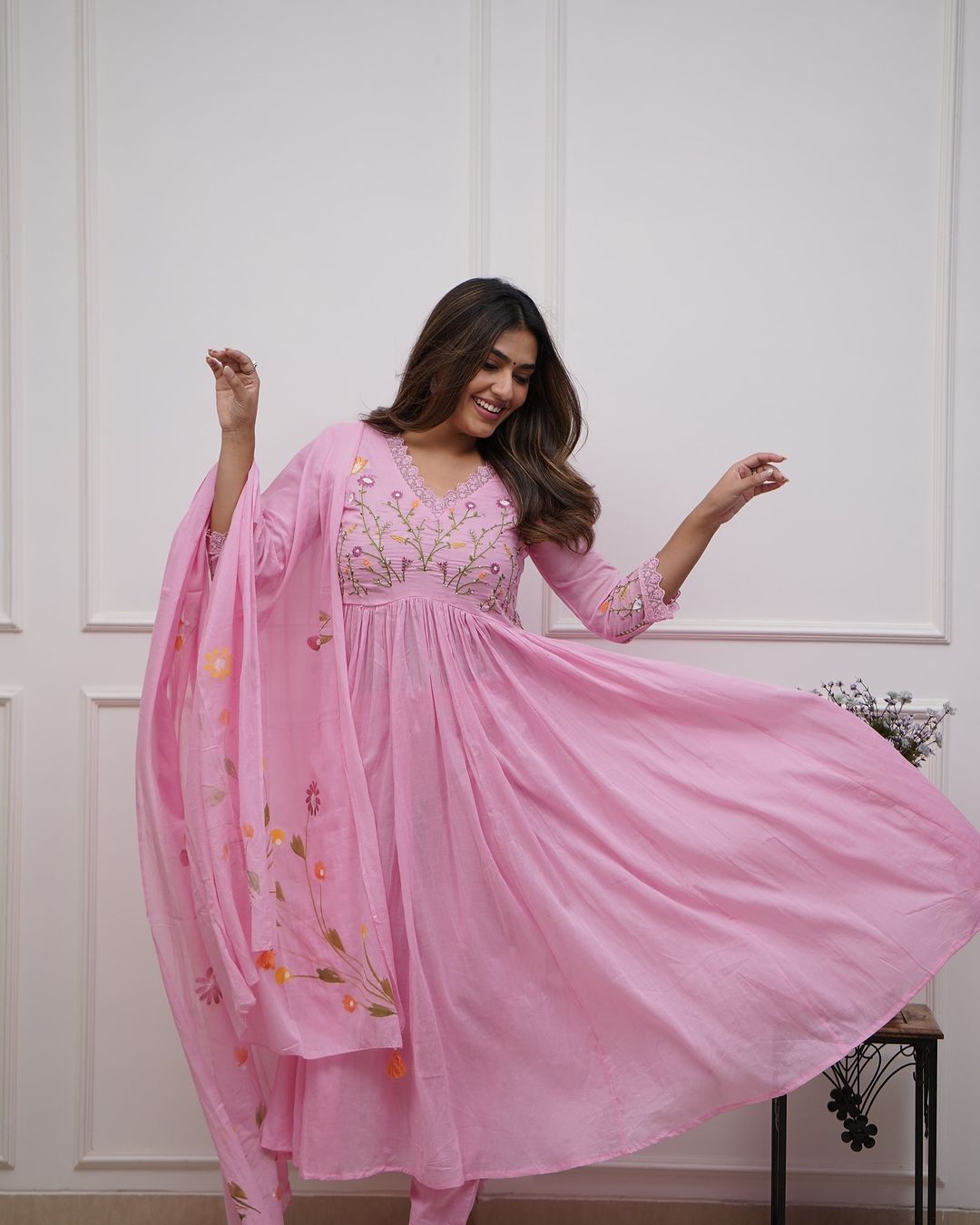 Elegant Mulmul Embroidery Sequence Work Women's Suit Set Festive Occasion Wear