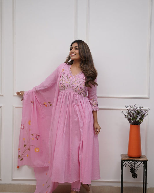 Elegant Mulmul Embroidery Sequence Work Women's Suit Set Festive Occasion Wear