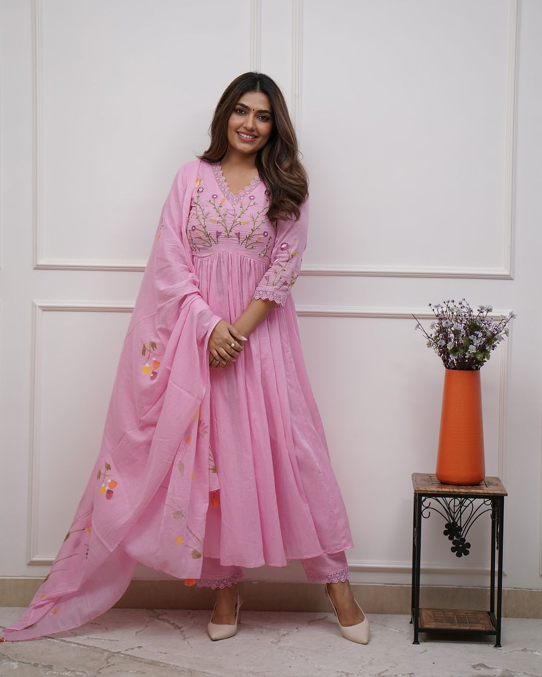 Elegant Mulmul Embroidery Sequence Work Women's Suit Set Festive Occasion Wear