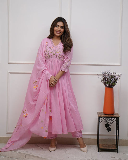 Elegant Mulmul Embroidery Sequence Work Women's Suit Set Festive Occasion Wear