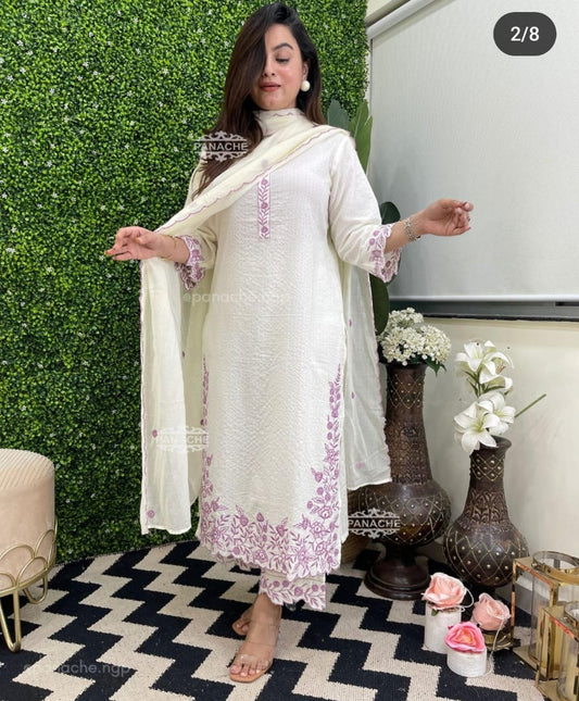 Elegant Off-White Cotton Dobby Embroidered Kurta Pant Dupatta Set for Women