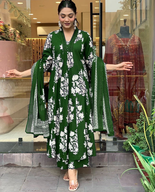Elegant Royal Dark Green Cotton Printed Kurta Pant Dupatta Set for Women