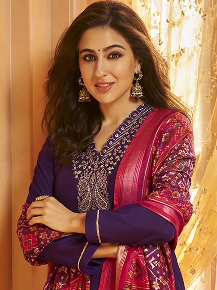 Saara Elegant Floral Yoke V-Neck Cotton Kurta Set with Trousers & Dupatta