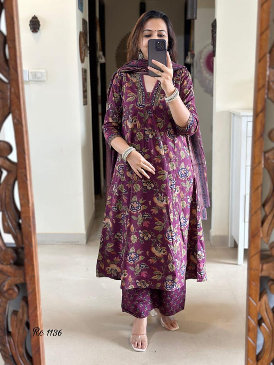 Soft Pure Cotton Women's Kurta, Palazzo Pants, & Dupatta Set