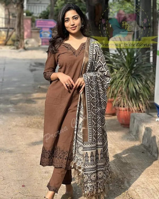 Chic Coffee Brown Embroidered Cotton Kurti Set with Digital Print Dupatta
