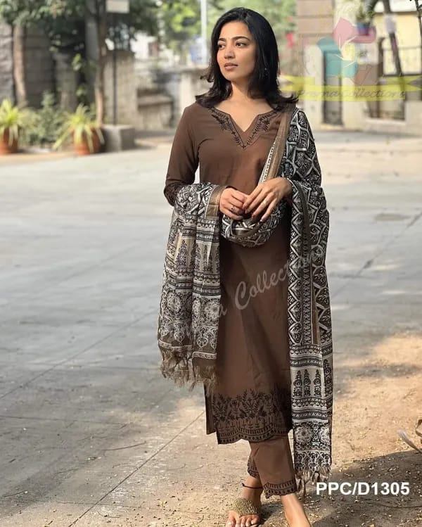 Chic Coffee Brown Embroidered Cotton Kurti Set with Digital Print Dupatta