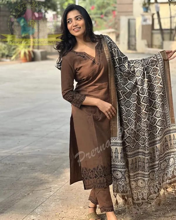 Chic Coffee Brown Embroidered Cotton Kurti Set with Digital Print Dupatta