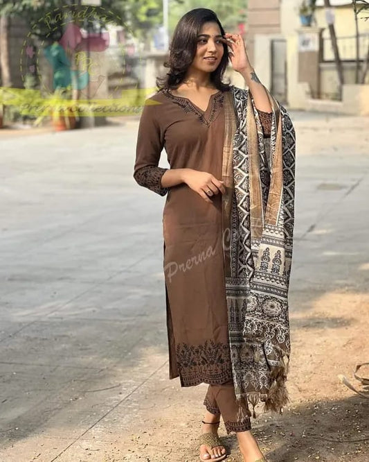Chic Coffee Brown Embroidered Cotton Kurti Set with Digital Print Dupatta